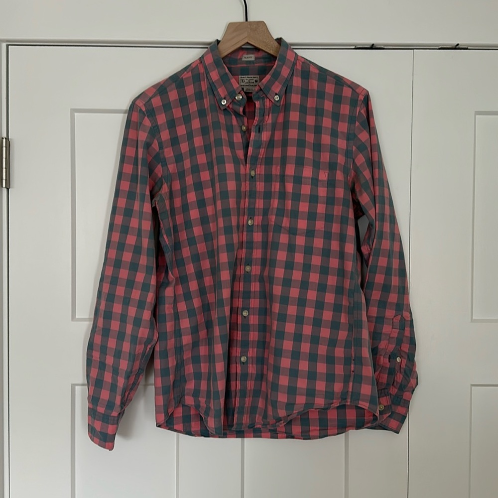 Men’s j crew pink and grey gingham slim fit button down shirt